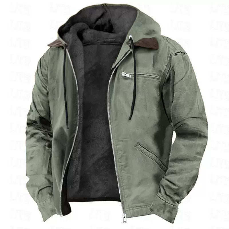 Men’s Hooded Cotton Jacket – Fleece-Lined Casual Zip-Up