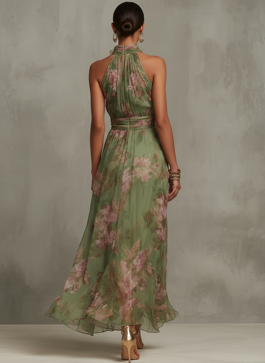 VERDARA FLORAL CHIFFON HALTER MAXI DRESS