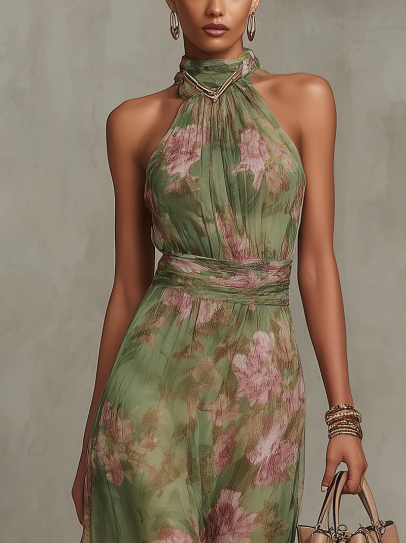 VERDARA FLORAL CHIFFON HALTER MAXI DRESS