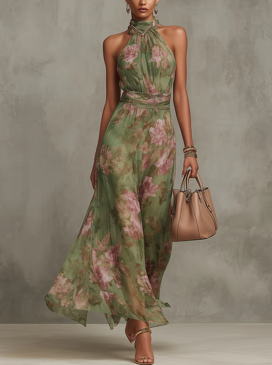 VERDARA FLORAL CHIFFON HALTER MAXI DRESS